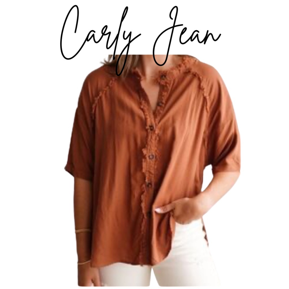 Carly Jean Los Angeles Rust Button-Front Short Sleeve Blouse
